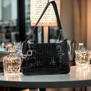 Brighton Metal Embellished Black Patent Croc Embossed Leather Shoulder Bag Purse